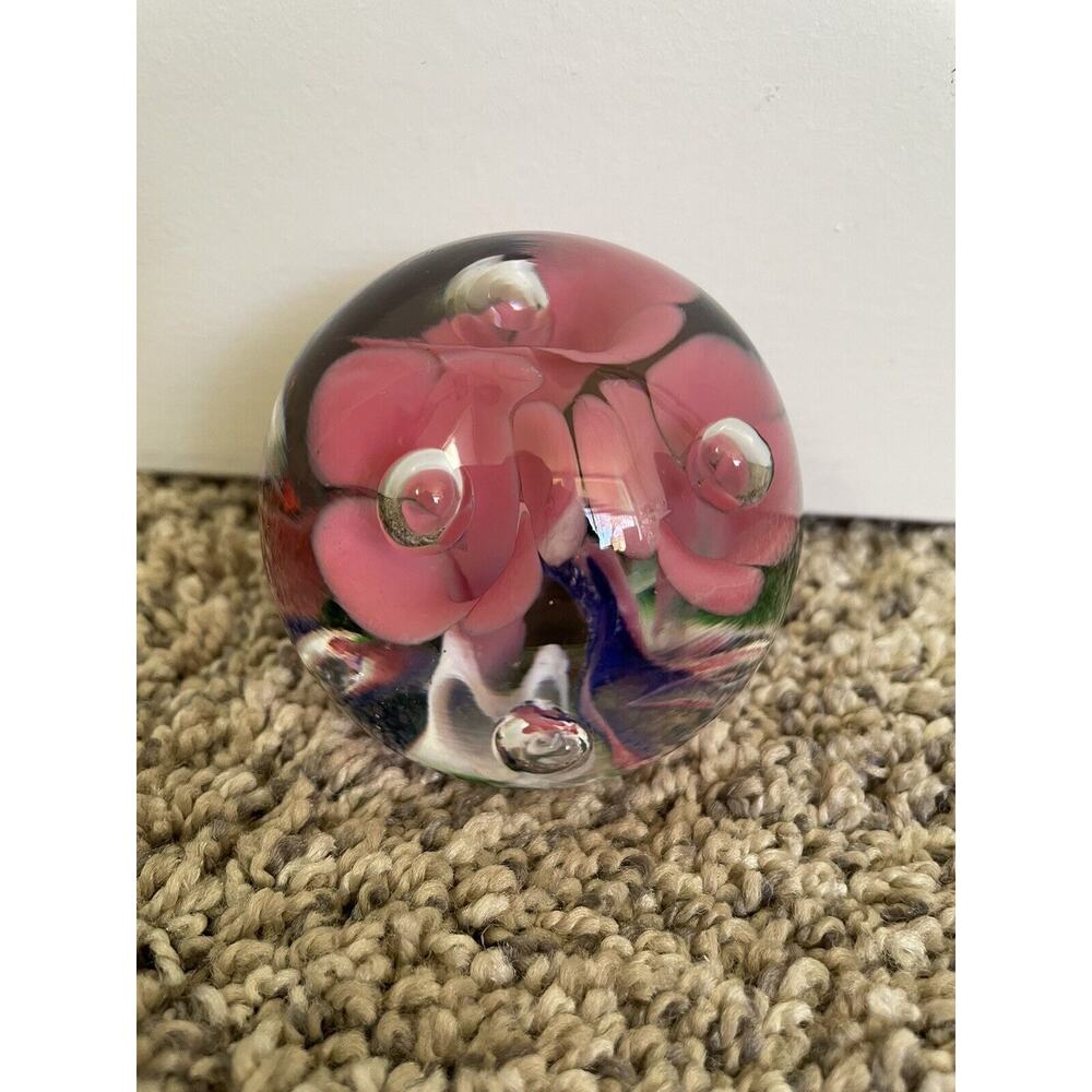 Vtg St. Clair Hand-Blown Art Glass Paperweight Pink Flower Multicolor STAMPED